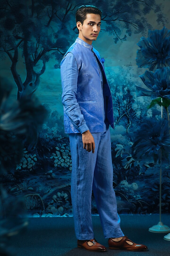 Indigo Blue Chanderi & Linen Printed Waistcoat Set by Mandira Wirk Men at Pernia's Pop Up Shop