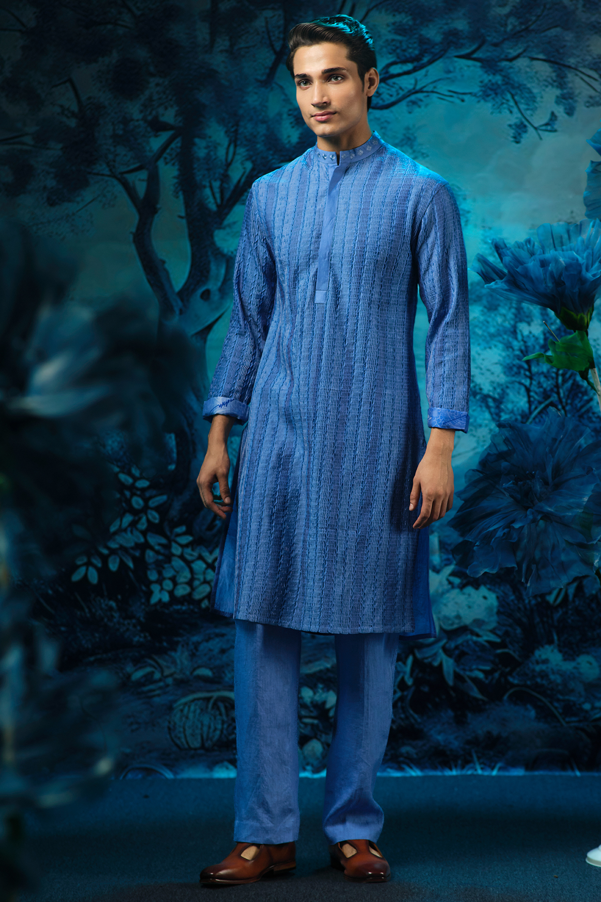 Indigo Blue Chanderi & Linen Pintucks Kurta Set by Mandira Wirk Men