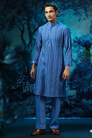 Indigo Blue Chanderi & Linen Pintucks Kurta Set by Mandira Wirk Men