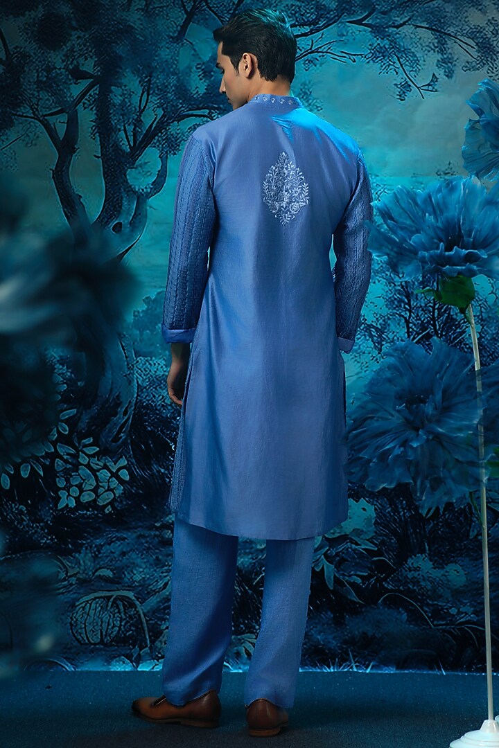 Indigo Blue Chanderi & Linen Pintucks Kurta Set by Mandira Wirk Men at Pernia's Pop Up Shop