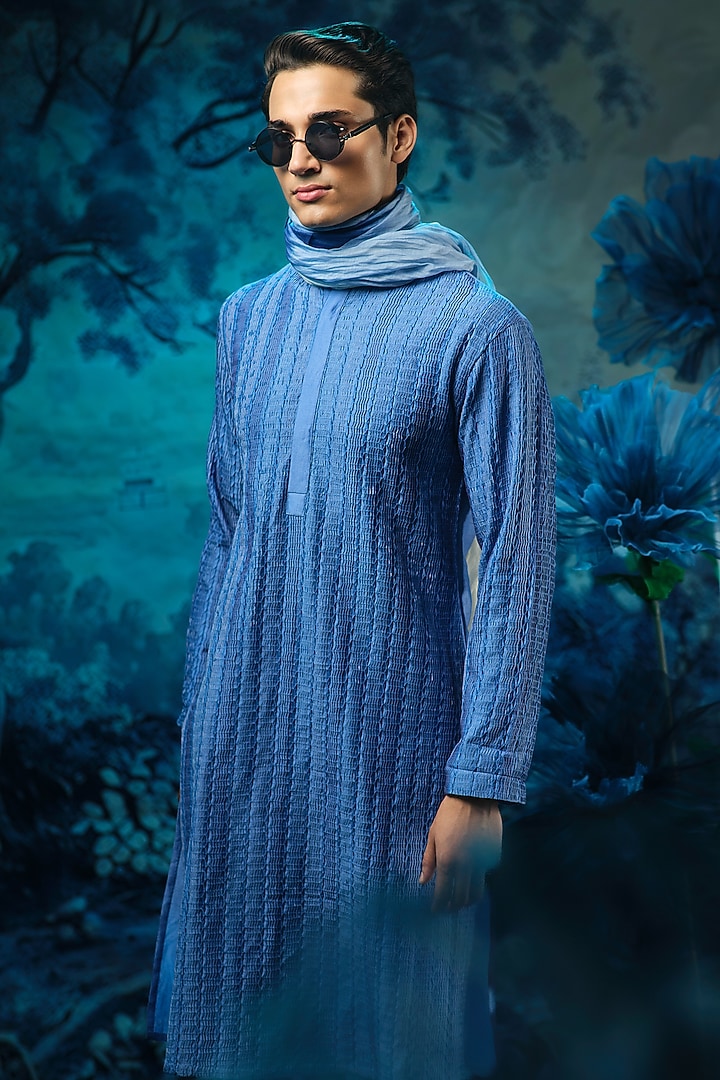 Indigo Blue Chanderi & Linen Pintucks Kurta Set by Mandira Wirk Men at Pernia's Pop Up Shop