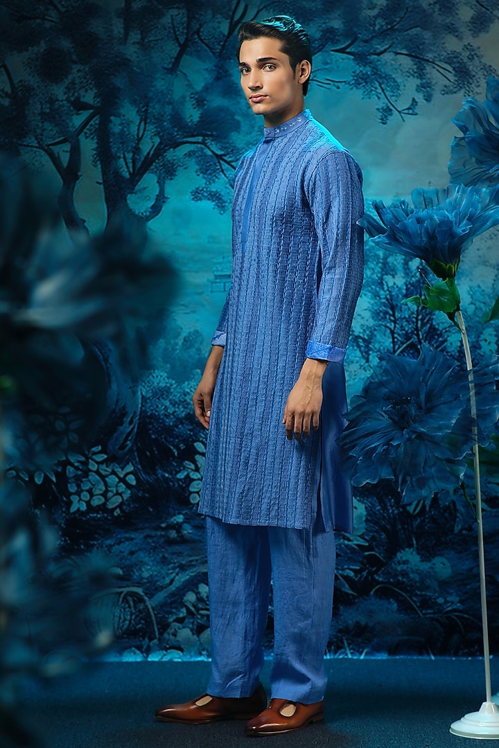 Indigo Blue Chanderi & Linen Pintucks Kurta Set by Mandira Wirk Men at Pernia's Pop Up Shop