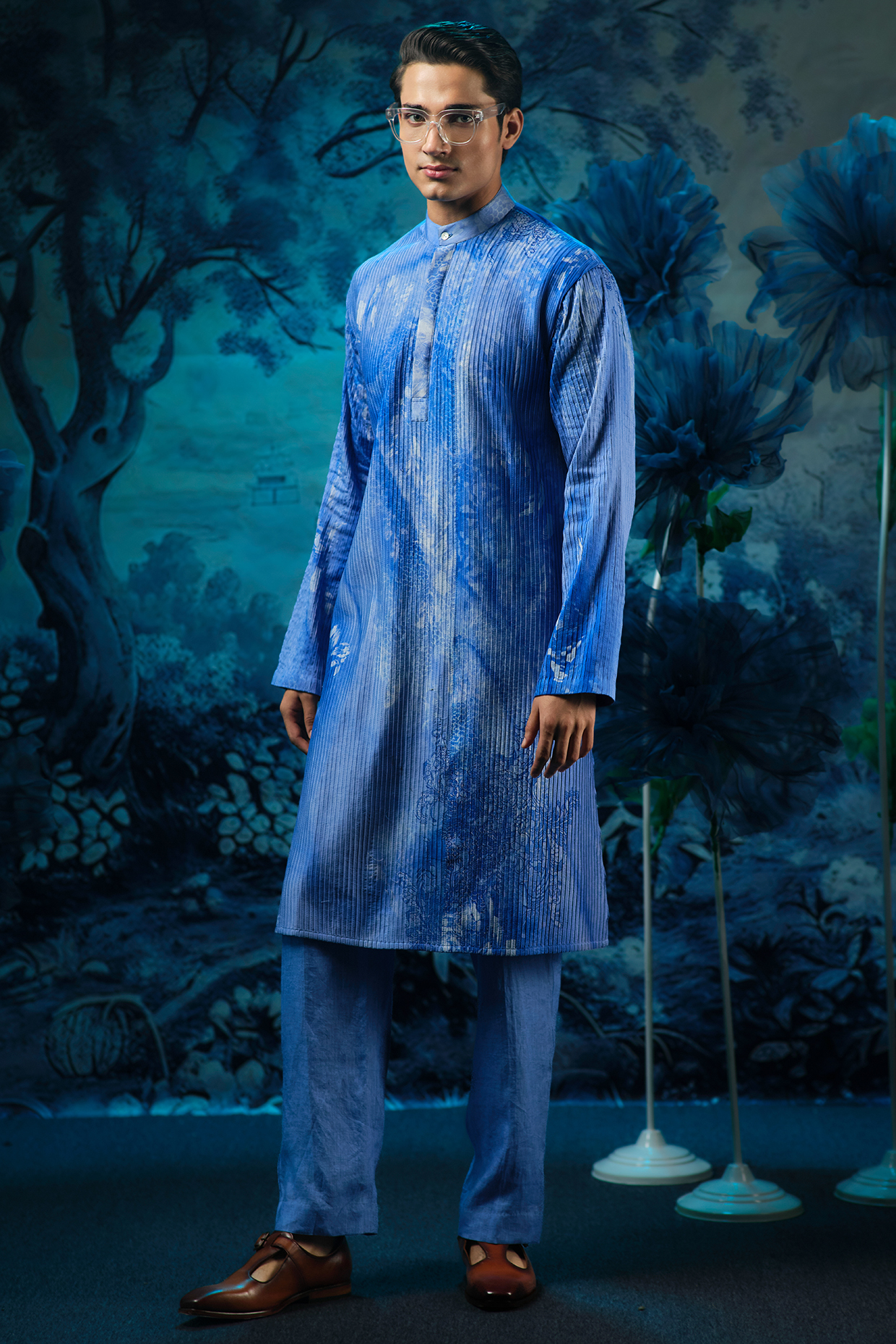 Indigo Blue Chanderi Printed Kurta Set by Mandira Wirk Men