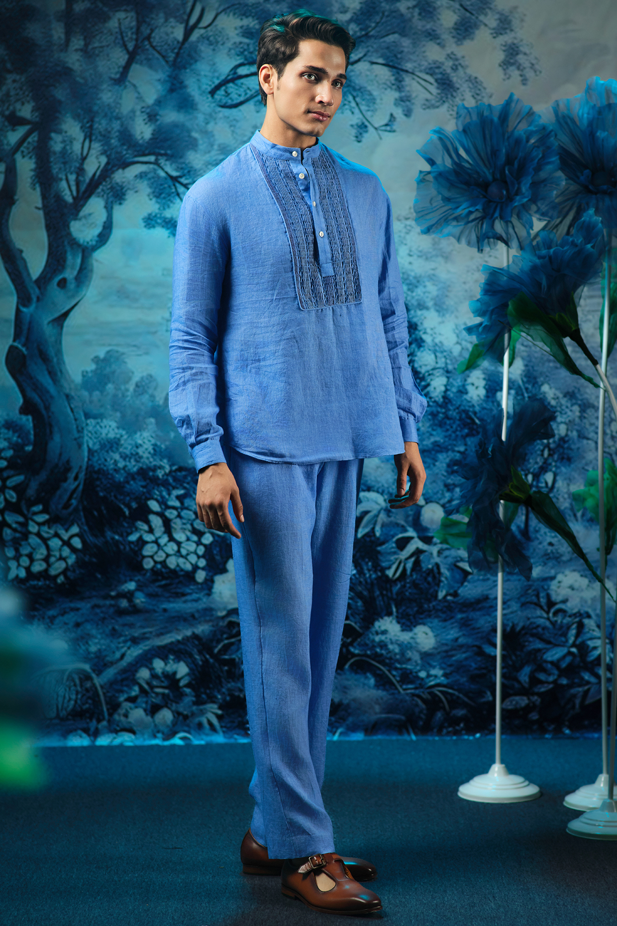 Indigo Blue Chanderi & Linen Kurta Set by Mandira Wirk Men