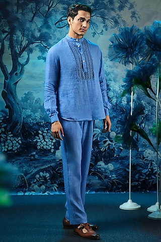 Indigo Blue Chanderi & Linen Kurta Set by Mandira Wirk Men
