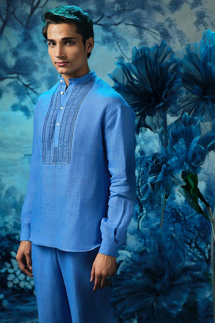 Indigo Blue Chanderi & Linen Kurta Set by Mandira Wirk Men at Pernia's Pop Up Shop