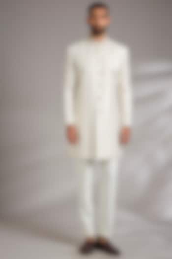 Cream Cotton Silk Hand Embroidered Wedding Sherwani Set by Manish Nagdeo Men at Pernia's Pop Up Shop