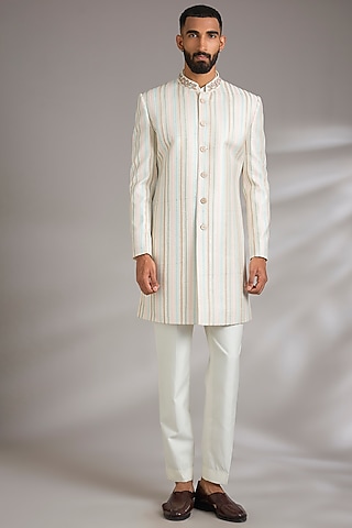 Cream Cotton Silk Hand Embroidered Sherwani Set by Manish Nagdeo Men
