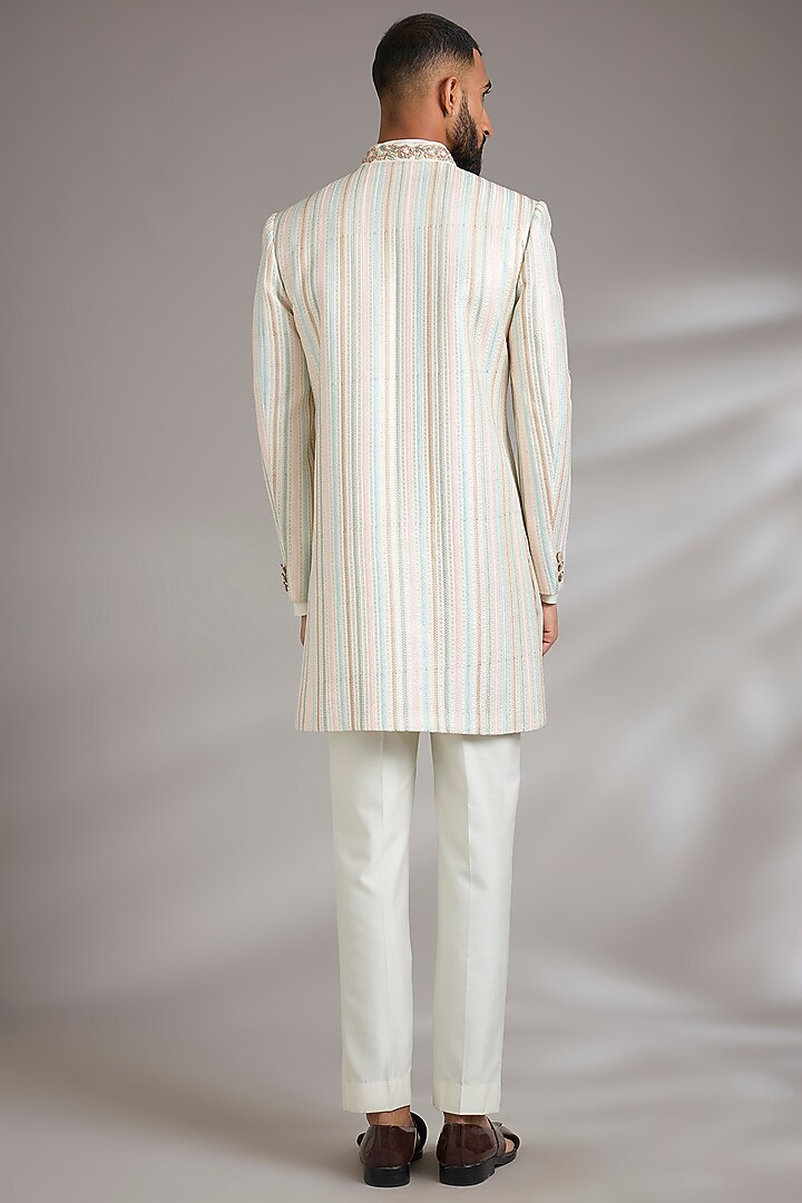 Cream Cotton Silk Hand Embroidered Wedding Sherwani Set by Manish Nagdeo Men at Pernia's Pop Up Shop