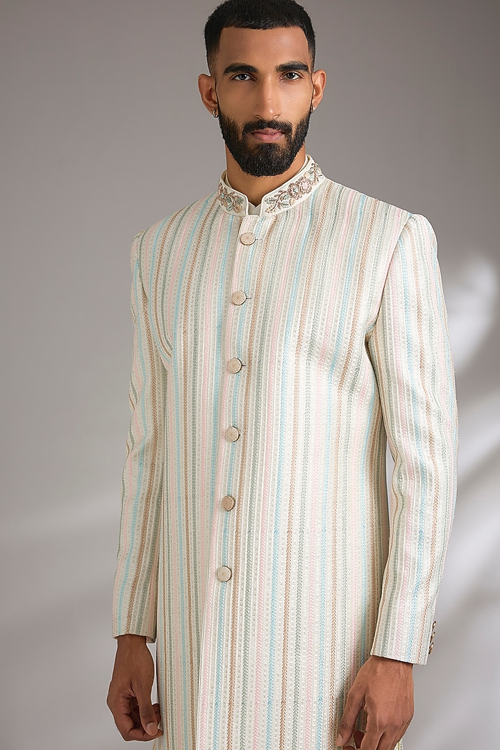Cream Cotton Silk Hand Embroidered Wedding Sherwani Set by Manish Nagdeo Men at Pernia's Pop Up Shop