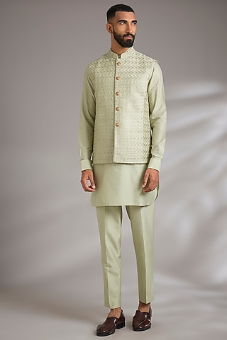 Green Art Silk Resham Embroidered Bundi Jacket Set by Manish Nagdeo Men