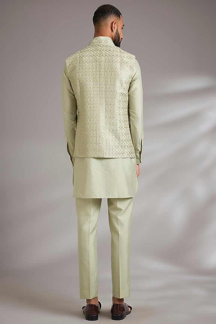 Green Art Silk Resham Embroidered Bundi Jacket Set by Manish Nagdeo Men at Pernia's Pop Up Shop