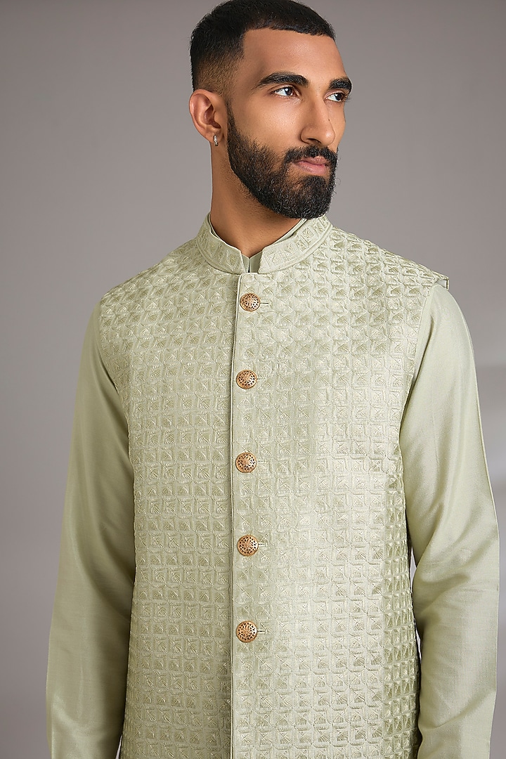 Green Art Silk Resham Embroidered Bundi Jacket Set by Manish Nagdeo Men at Pernia's Pop Up Shop