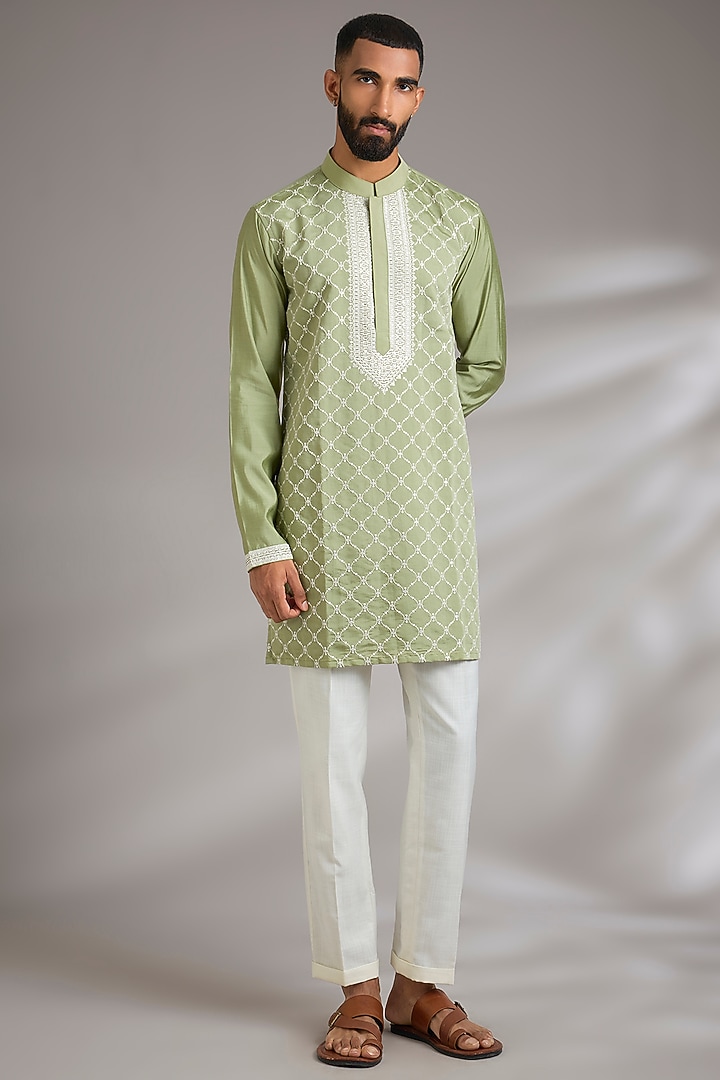 Green Art Silk Cutdana Embroidered Kurta Set by Manish Nagdeo Men at Pernia's Pop Up Shop
