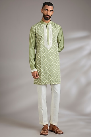 Green Art Silk Cutdana Embroidered Kurta Set by Manish Nagdeo Men