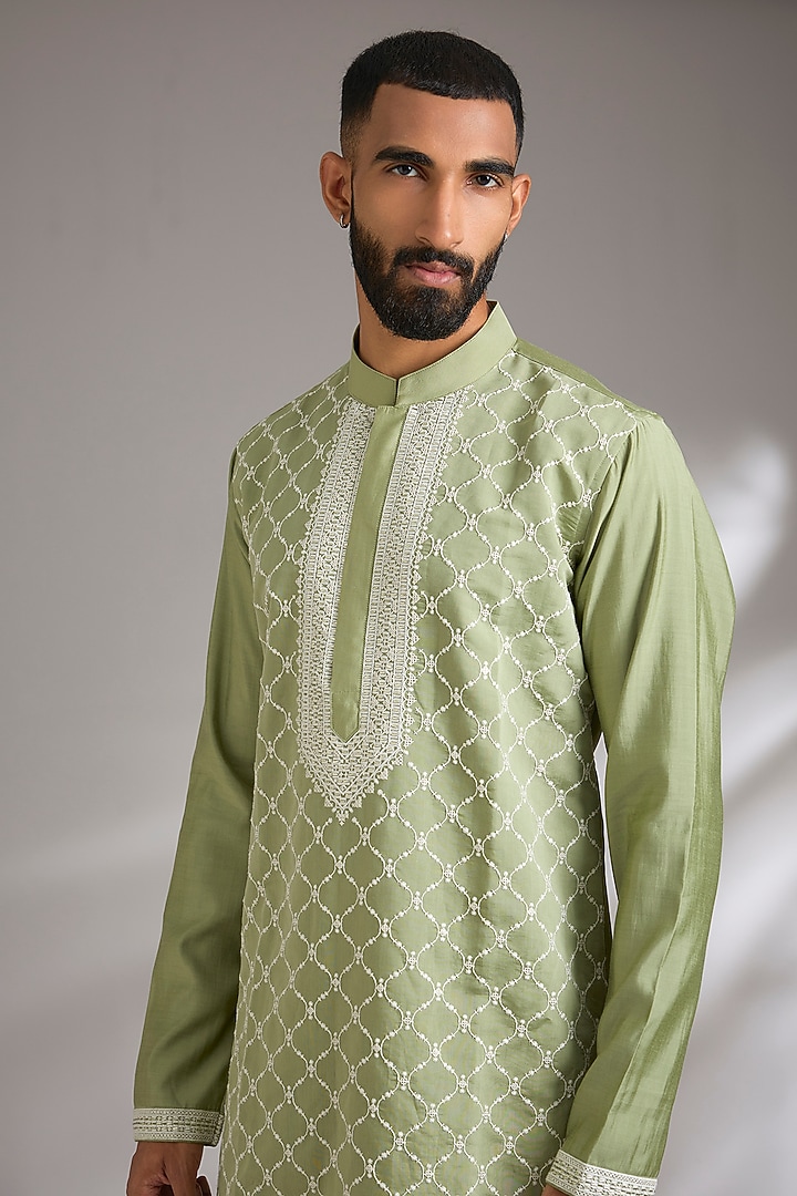 Green Art Silk Cutdana Embroidered Kurta Set by Manish Nagdeo Men at Pernia's Pop Up Shop