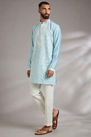 Blue Art Silk Cutdana Embroidered Kurta Set by Manish Nagdeo Men