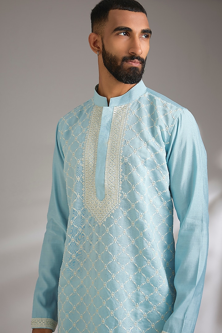 Blue Art Silk Cutdana Embroidered Kurta Set by Manish Nagdeo Men at Pernia's Pop Up Shop