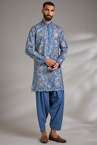 Blue Ruby Silk Printed Kurta Set by Manish Nagdeo Men