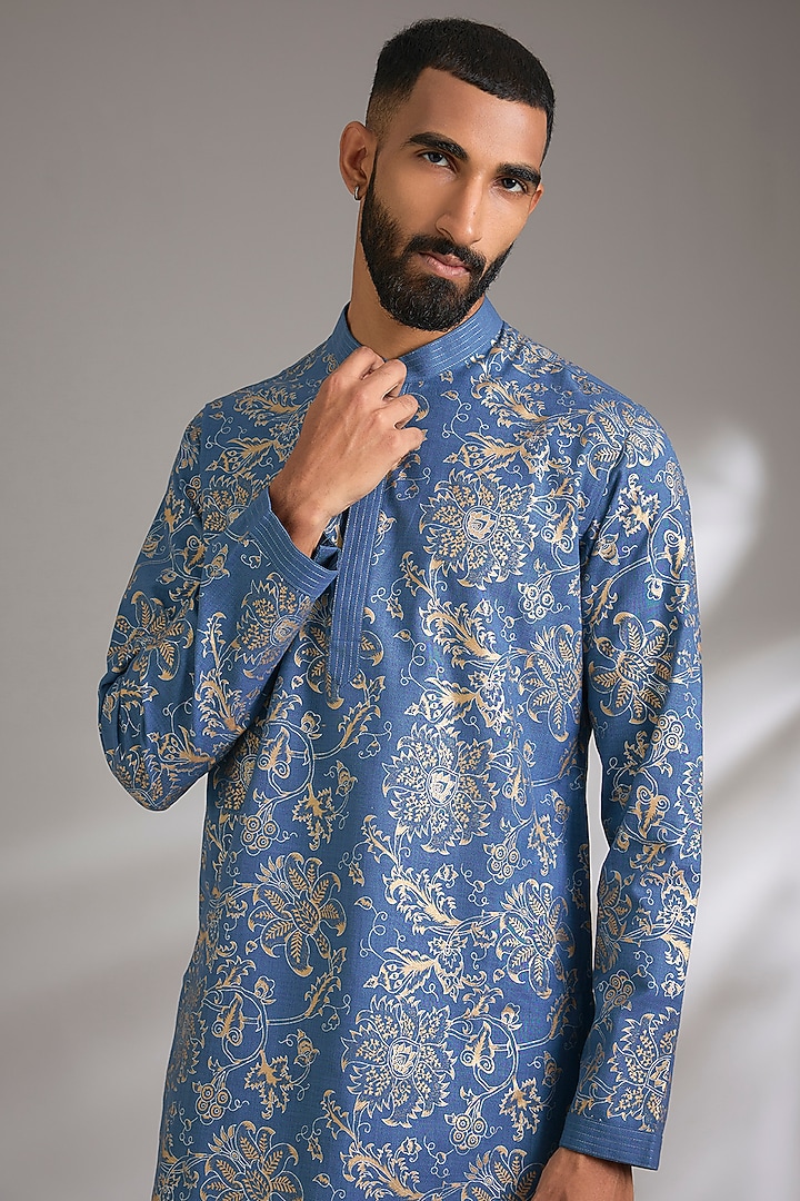 Blue Ruby Silk Printed Kurta Set by Manish Nagdeo Men at Pernia's Pop Up Shop