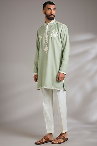 Green Ruby Silk Resham Embroidered Kurta Set by Manish Nagdeo Men