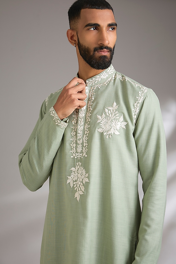 Green Ruby Silk Resham Embroidered Kurta Set by Manish Nagdeo Men at Pernia's Pop Up Shop