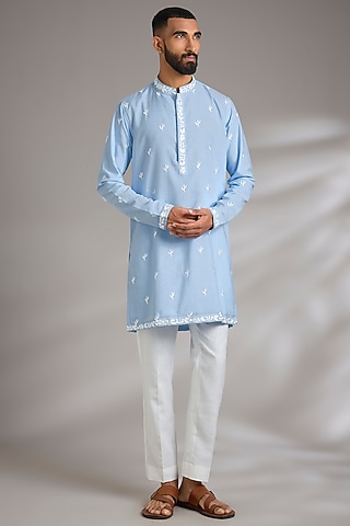 Blue Ruby Silk Resham Embroidered Kurta Set by Manish Nagdeo Men