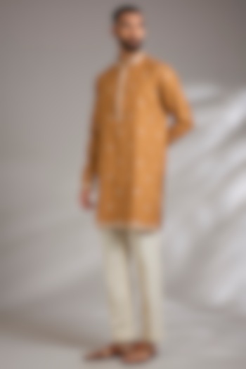Mustard Ruby Silk Resham Embroidered Kurta Set by Manish Nagdeo Men at Pernia's Pop Up Shop