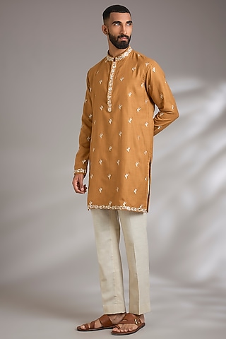 Mustard Ruby Silk Resham Embroidered Kurta Set by Manish Nagdeo Men