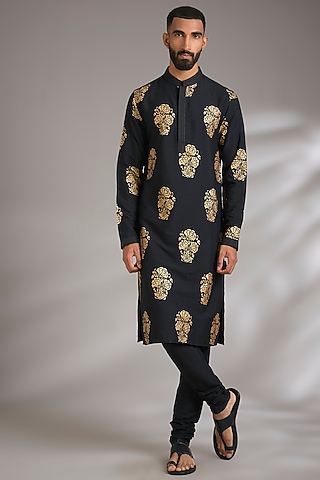 Black Cotton Silk Printed Kurta Set by Manish Nagdeo Men