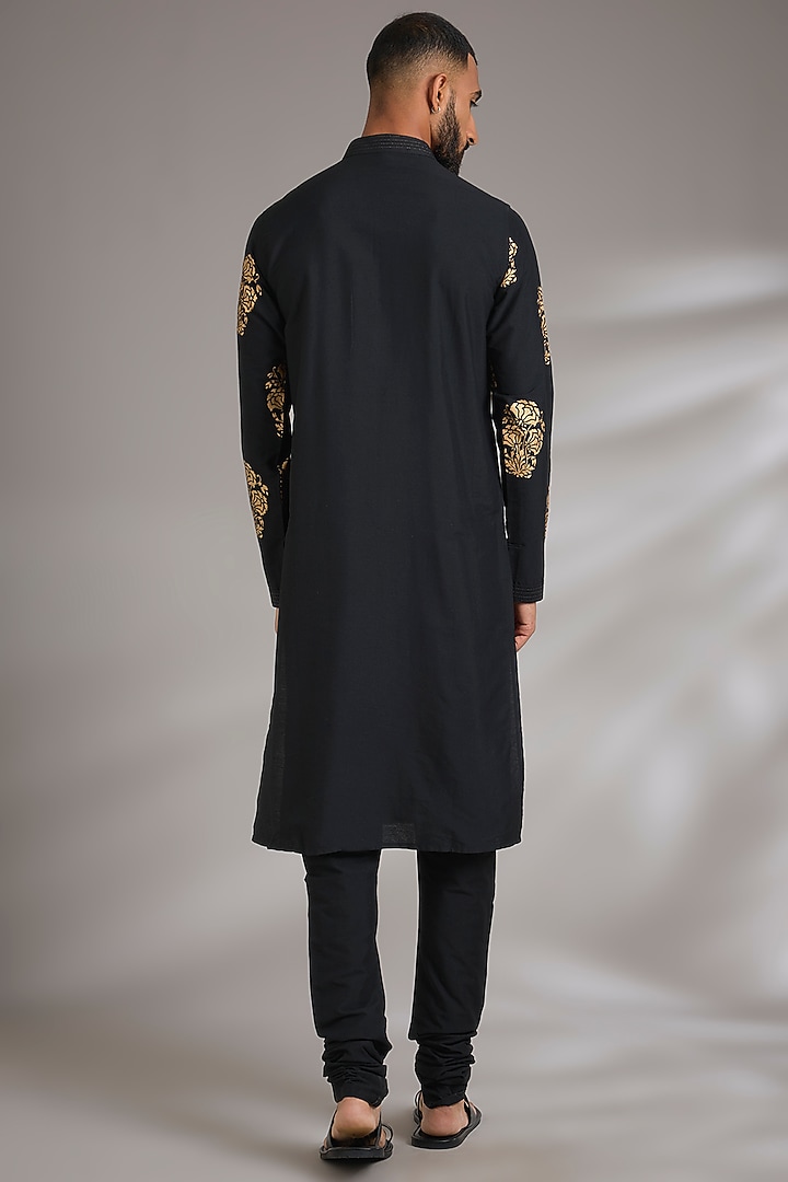 Black Cotton Silk Printed Kurta Set by Manish Nagdeo Men at Pernia's Pop Up Shop