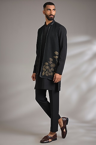 Black Moss Lycra Printed Kurta Set by Manish Nagdeo Men