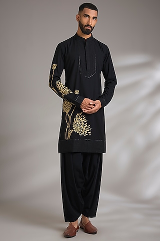 Black Japanese Fabric Printed & Hand Embroidered Kurta Set by Manish Nagdeo Men