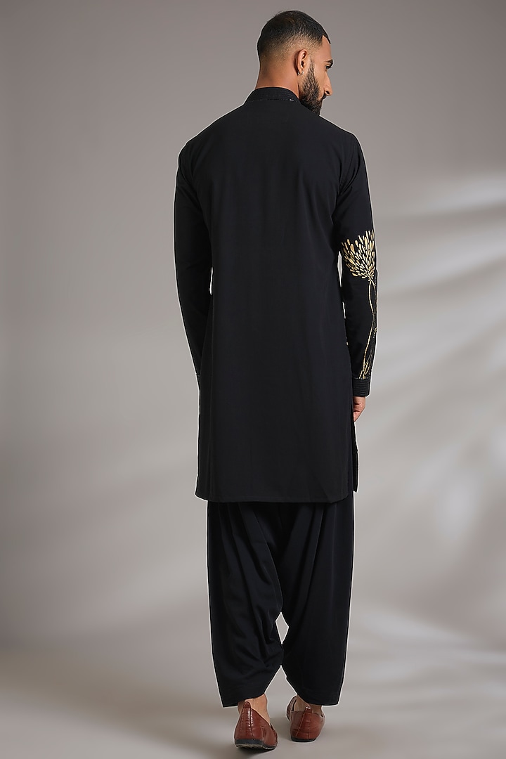 Black Japanese Fabric Printed & Hand Embroidered Kurta Set by Manish Nagdeo Men at Pernia's Pop Up Shop