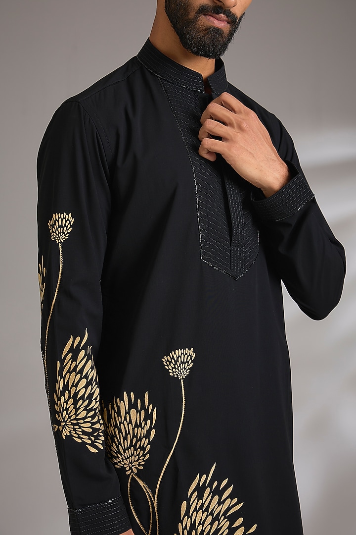 Black Japanese Fabric Printed & Hand Embroidered Kurta Set by Manish Nagdeo Men at Pernia's Pop Up Shop