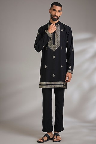 Black Japanese Fabric Foil Work Kurta Set by Manish Nagdeo Men
