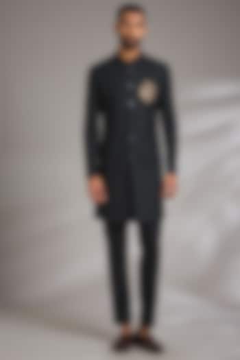 Black Ruby Silk Hand Embroidered Wedding Sherwani Set by Manish Nagdeo Men at Pernia's Pop Up Shop