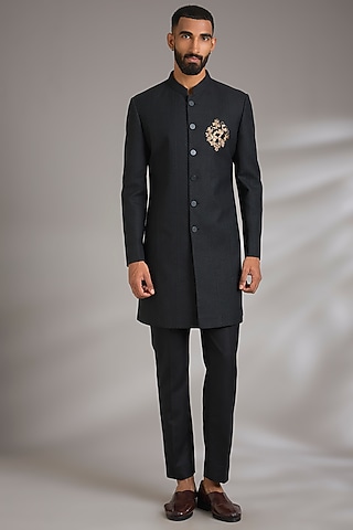 Black Ruby Silk Hand Embroidered Sherwani Set by Manish Nagdeo Men
