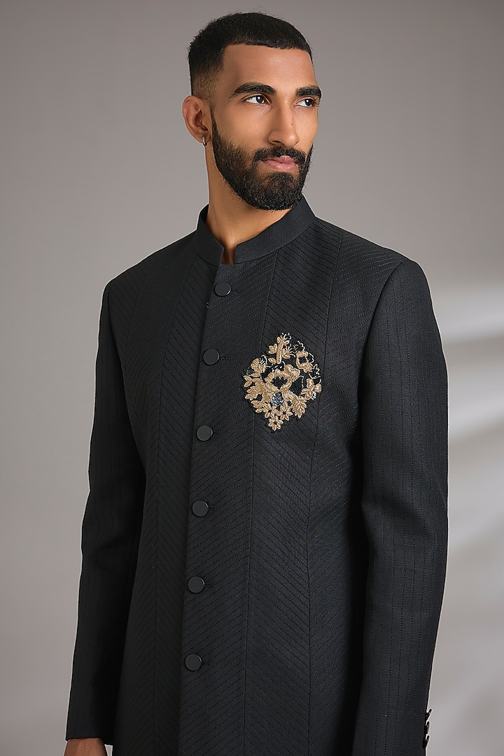 Black Ruby Silk Hand Embroidered Wedding Sherwani Set by Manish Nagdeo Men at Pernia's Pop Up Shop