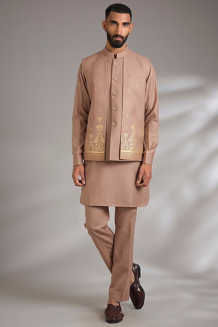 Fawn Ruby Silk Printed Nehru Jacket Set by Manish Nagdeo Men at Pernia's Pop Up Shop