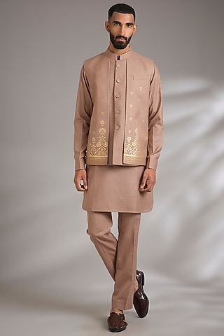 Fawn Ruby Silk Printed Nehru Jacket Set by Manish Nagdeo Men
