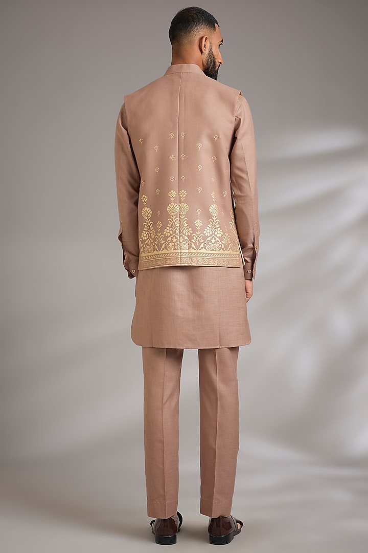 Fawn Ruby Silk Printed Nehru Jacket Set by Manish Nagdeo Men at Pernia's Pop Up Shop