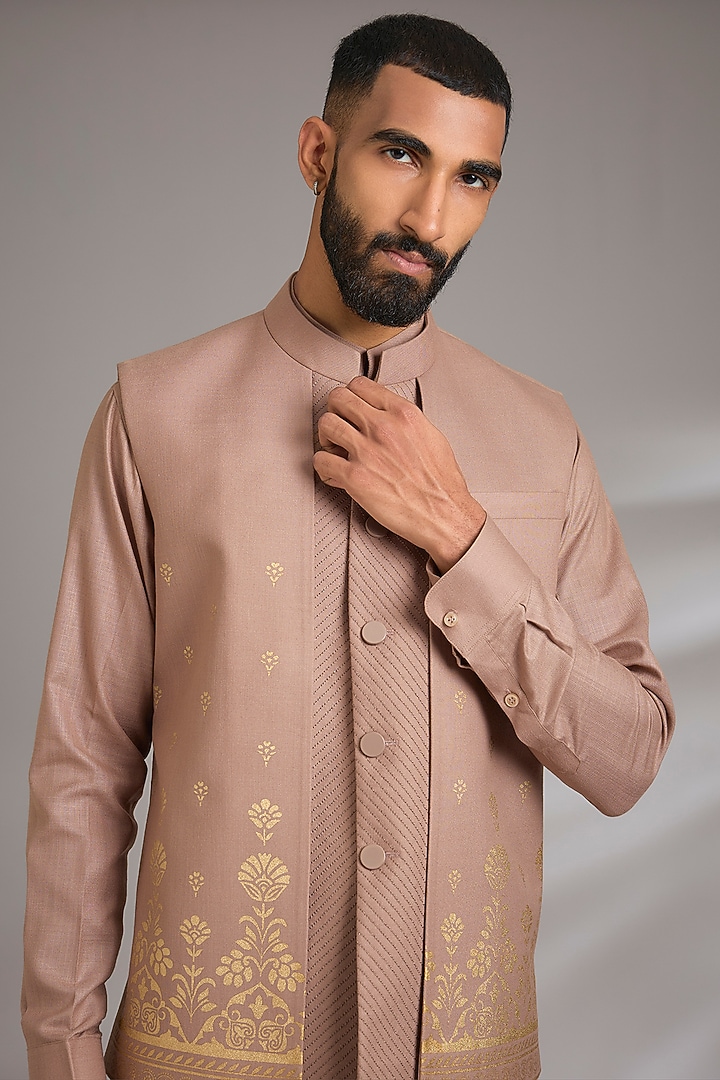 Fawn Ruby Silk Printed Nehru Jacket Set by Manish Nagdeo Men at Pernia's Pop Up Shop