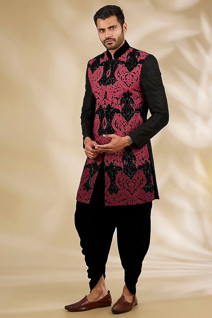 Black Art Silk Applique Work Wedding Indowestern Set by Manish Nagdeo Men at Pernia's Pop Up Shop