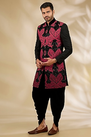 Black Art Silk Applique Work Indowestern Set by Manish Nagdeo Men