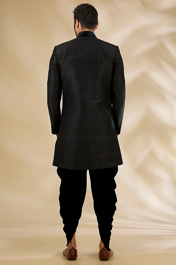 Black Art Silk Applique Work Wedding Indowestern Set by Manish Nagdeo Men at Pernia's Pop Up Shop
