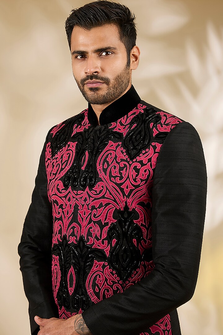 Black Art Silk Applique Work Wedding Indowestern Set by Manish Nagdeo Men at Pernia's Pop Up Shop