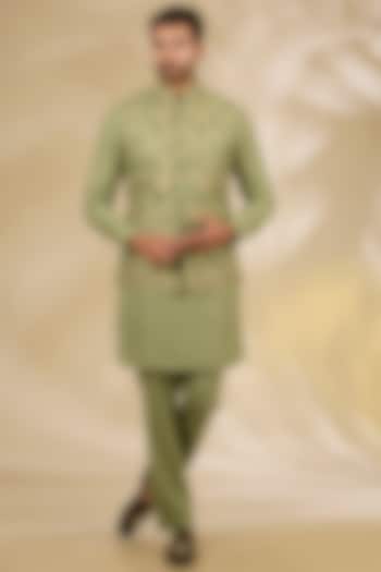 Green Ruby Silk Floral Printed Bundi Jacket Set by Manish Nagdeo Men at Pernia's Pop Up Shop
