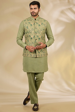 Green Ruby Silk Floral Printed Bundi Jacket Set by Manish Nagdeo Men