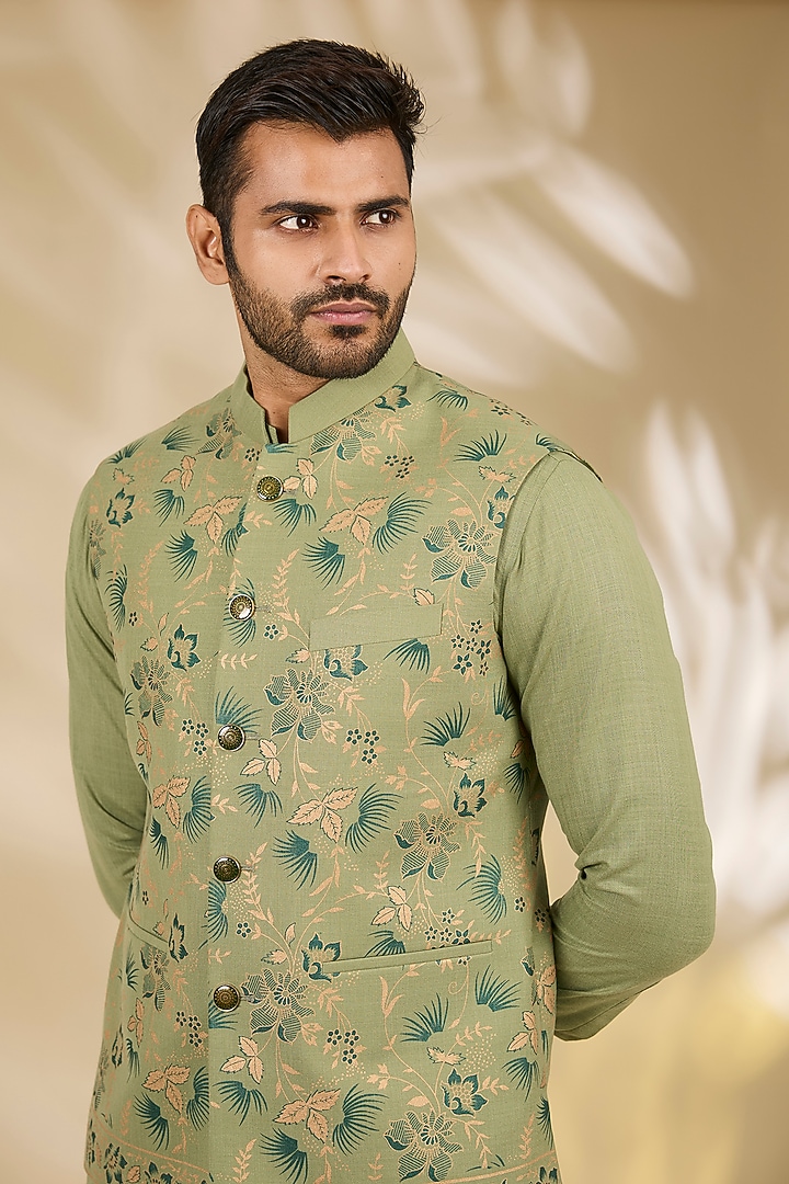 Green Ruby Silk Floral Printed Bundi Jacket Set by Manish Nagdeo Men at Pernia's Pop Up Shop